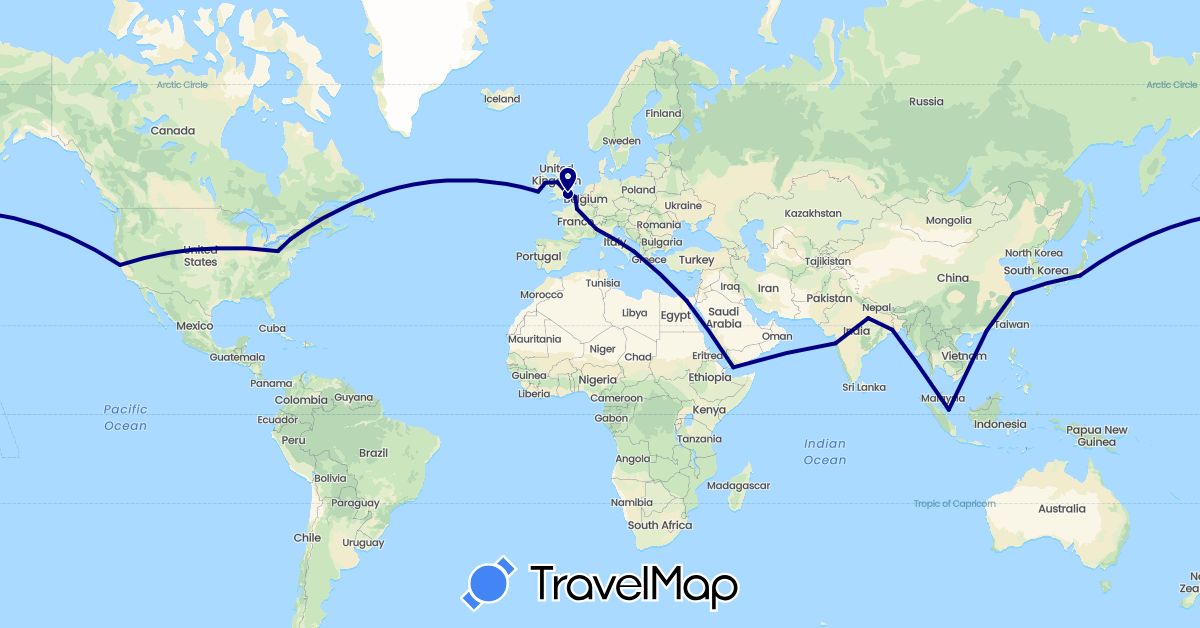 TravelMap itinerary: driving in China, Egypt, France, United Kingdom, Ireland, India, Italy, Japan, Singapore, United States, Yemen (Africa, Asia, Europe, North America)